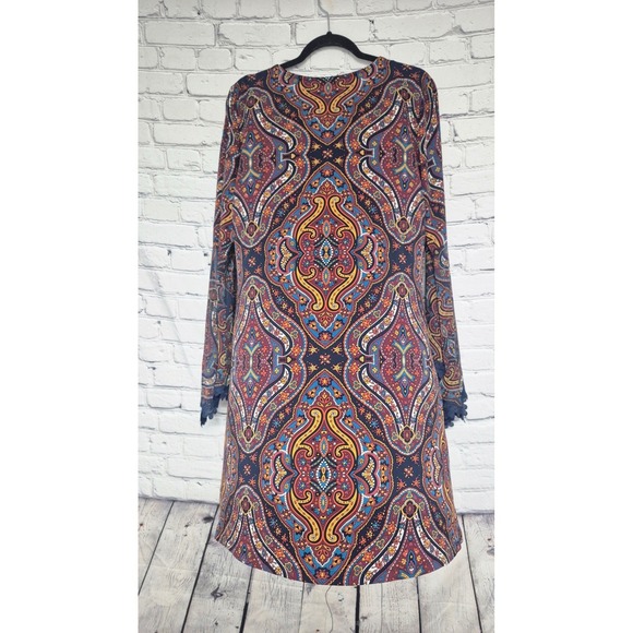MSK Womens Southwest Paisley Boho Shift Dress Blue Red Bell Sleeve Lace Trim L - Picture 6 of 7